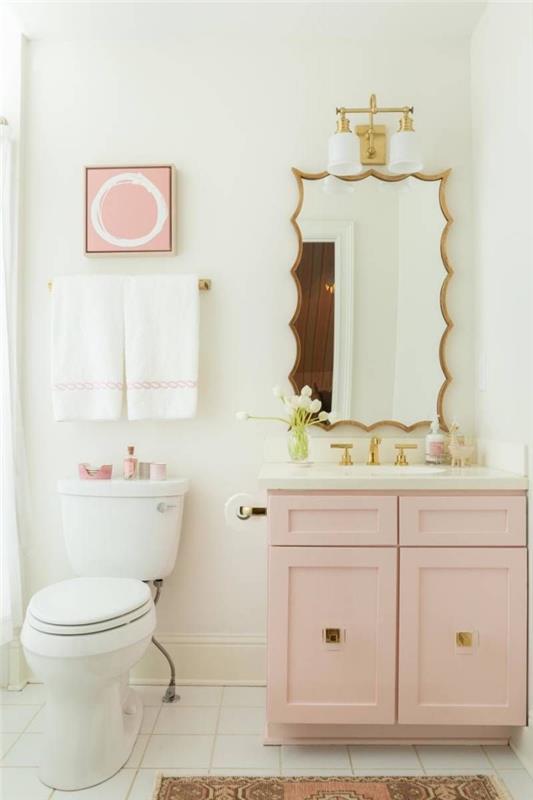 liten badrumsdekoration för tjej, vit badrumslayout med pastellrosa möbler och guld accenter