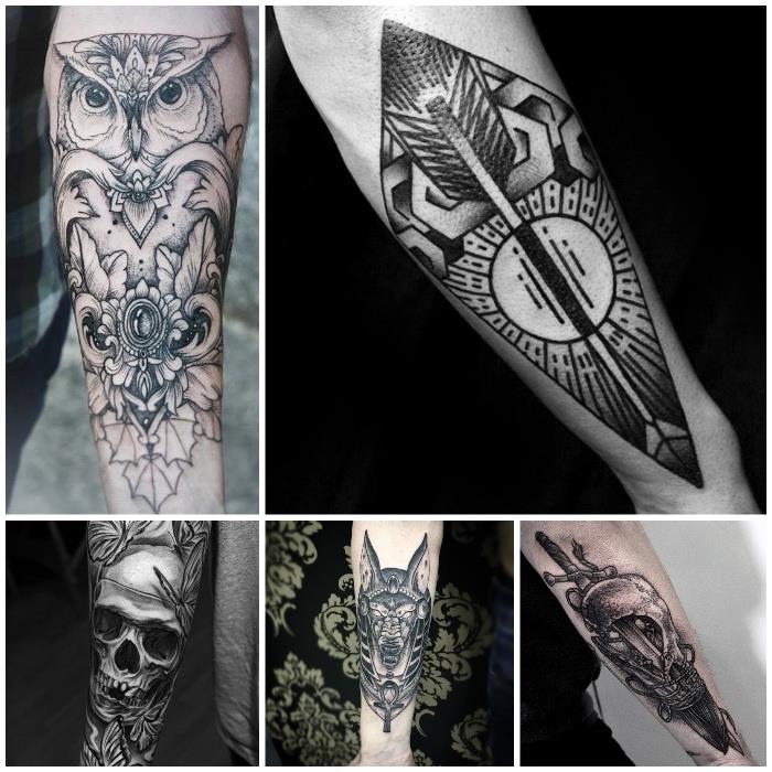 sida vid sida foton, små tatueringar för män, skalle och uggla, geometriska underarmstatueringar
