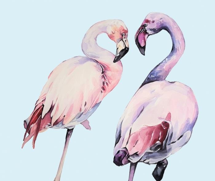 akvarellritning av två flamingos på en pastellblå bakgrund, akvarellmålningsteknik för att blanda färger och skapa mjuka nyanser av rosa och lila