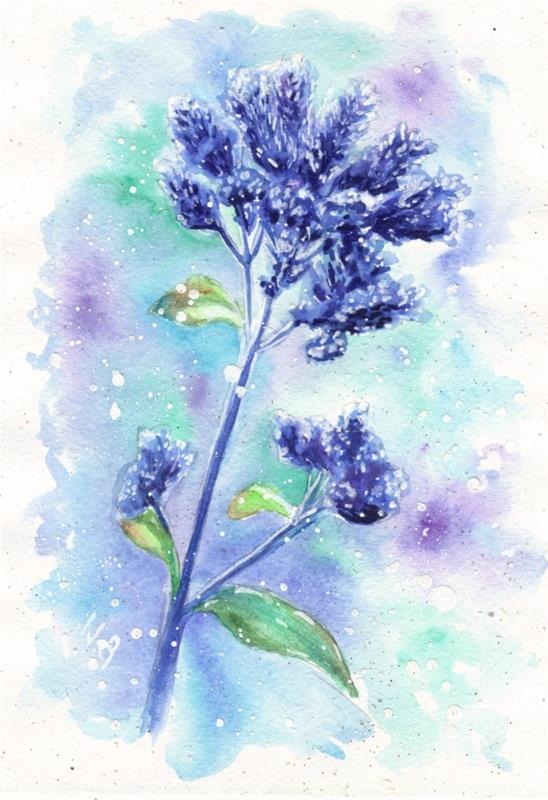 blommig akvarellmålning i nyanser av blått, grönt och lila, fin fusion av akvarellfärger med vita tomma utrymmen