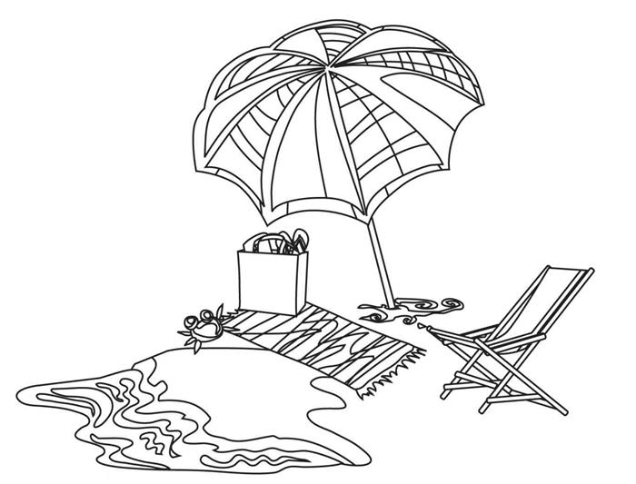 فن التأمل التوضيح الأبيض والأسود الراحة عطلة مظلة طويلة chaiselong منشفة الشاطئ لعب الأطفال البحر الصيف الرسم