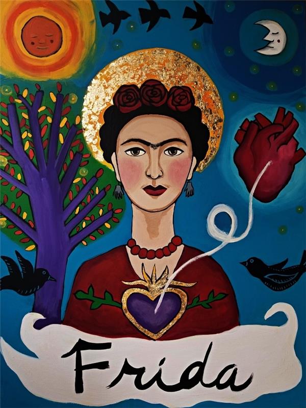 frida kahlo porträttmålning i akryl, mångfärgad akrylduk, frida kahlo porträtt med fågel, månträd och anatomiskt hjärta