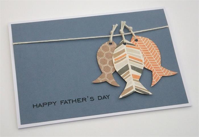 DIY grå kartong scrapbooking kort med kartong fisk på snöre, DIY fars dag