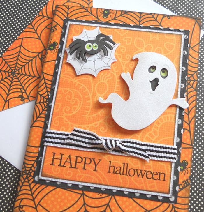 scrapbooking teknisk papper konst göra ett kort för halloween fest spöke mönster orange och vit kartong mönstrade