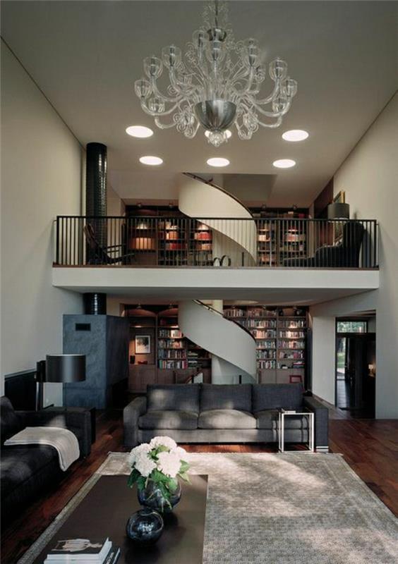 atypický-workshop-loft-paris-architekt-dom-béžový-koberec-luxusný-luster-schodisko