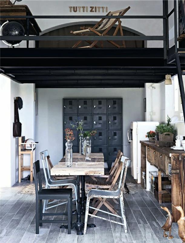 dielne-a-lofty-vysoký-strop-stôl-stoličky-priemyselný-nábytok-drevený-komoda-vinobranie-čierny strop