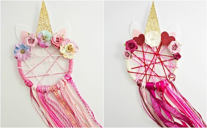 detský lapač snov model ozdoba jednorožca, útržky vlny a ružovej stuhy, dekorácia z umelých kvetov a zlatého rohu