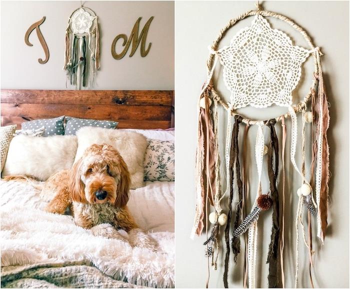 originálna dekorácia na stenu v spálni, ako vyrobiť lapač snov v bohémskom štýle, obrúsok, stredovú čipku, čipky a látkové čipky, roztomilý psík