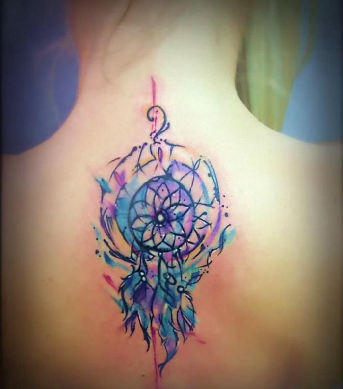 dreamcatcher hals tatuering idé i pastell, blå, lila, gula och röda färger, färgglad kvinna tatuering idé