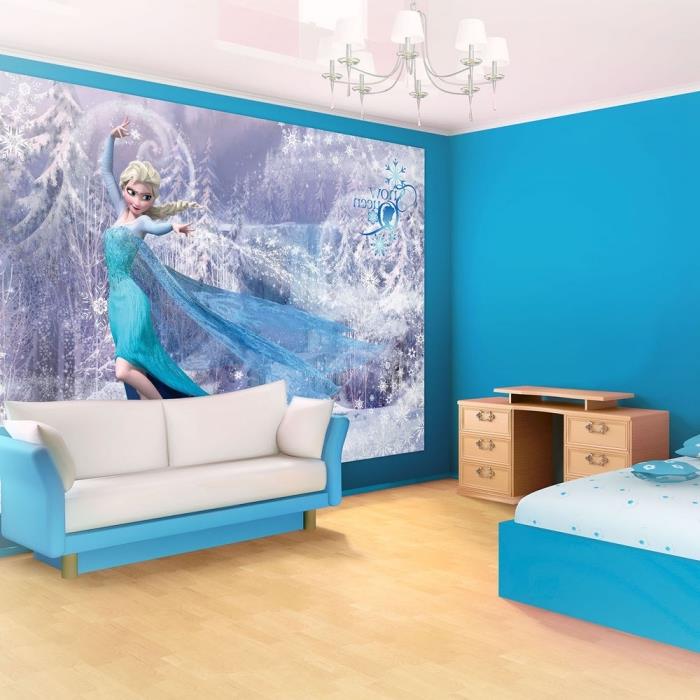 namaľujte stenu, škôlku dizajnu snehovej kráľovnej, posteľ a pohovku na bielo -modrú, samolepku na stenu Elsa design