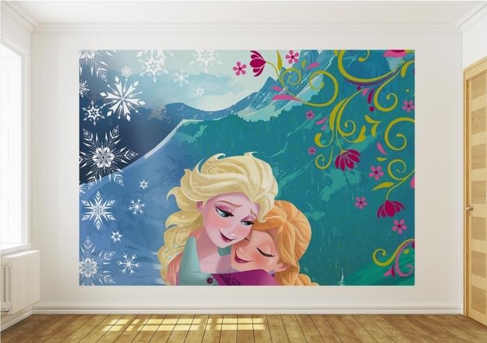 výzdoba dievčenskej izby, dizajnová samolepka na stenu Frozen s Elsou a Annou, detská izba s bielymi stenami a podlahou zo svetlého dreva