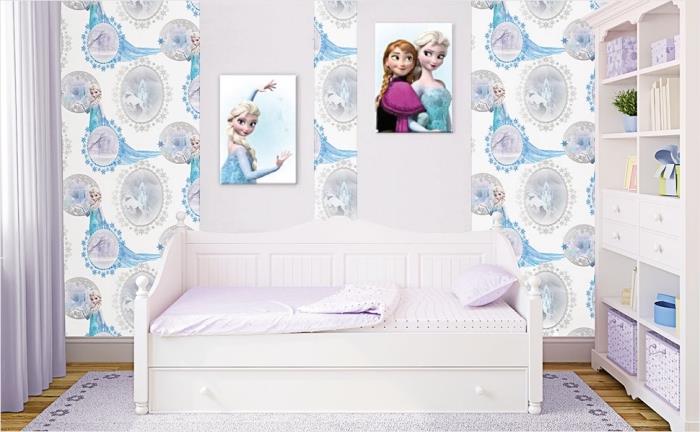 maľba interiéru, fototapeta v bielo modrej a sivej farbe s dizajnom Elsa, obdĺžnikový koberec vo svetlo purpurovej farbe s kvetinovými vzormi