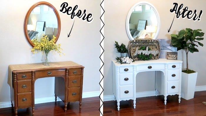 Predtým, ako po fotografii namaľujete drevenú skrinku, premaľujte drevenú úložnú skrinku, toaletný stolík a okrúhle zrkadlo