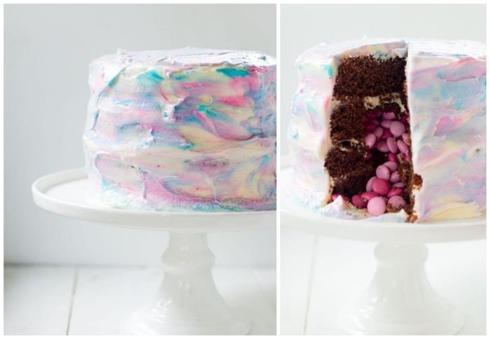 rosa smarties chokladkaka idé med akvarell effekt glasyr består av fyra sockerkakor, perfekt för en baby shower
