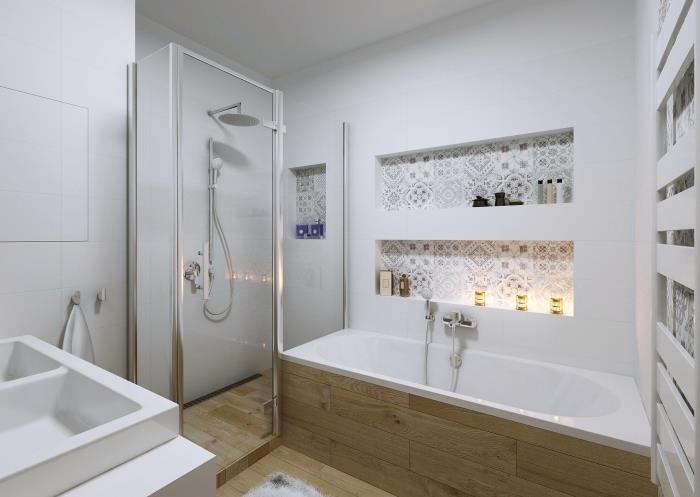 badrumsmodell dusch och badkar med vita väggar med trädesignplattor, platsbesparande förvaringsspets med väggnischer