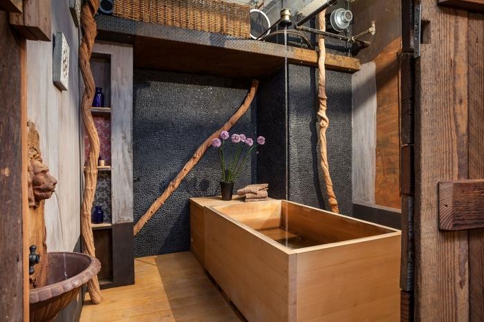 akú farbu spájať so sivou v drevenej kúpeľni, dekoráciu kúpeľne v ázijskom štýle s drevenými akcentmi