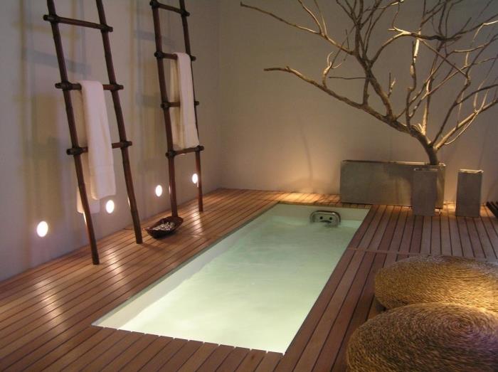 Zenový dizajn kúpeľne s bazénom a drevenou terasou, v akých farbách je vyzdobená kúpeľňa v ázijskom štýle