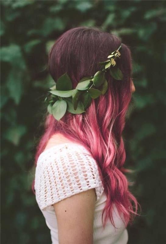 balayage-rosa-hår-vågigt-hår-färg-hallon