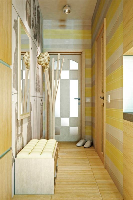 interiérový dizajn v zelených a žltých farbách s pruhovanými tapetami a podlahou imitáciou svetlého dreva, lavicovým nábytkom a zrkadlom