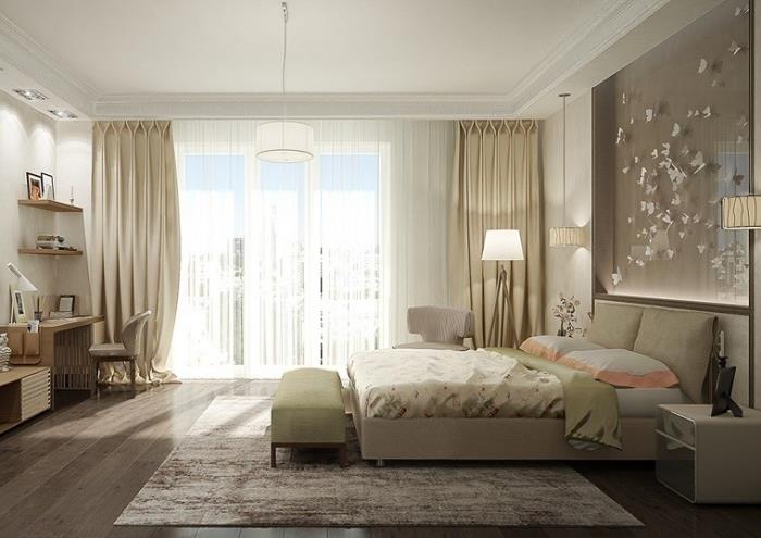 designer och lyxiga sovrumsmöbler i neutrala färger och trä, vitt tak med gipsdekoration och ledbelysning