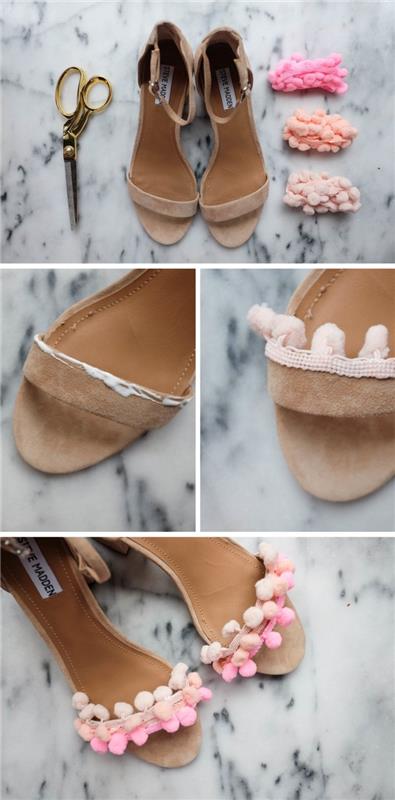 kreatívna aktivita, ako si ozdobiť sandále mini strapcovou obrubou, dvojicou prispôsobených topánok