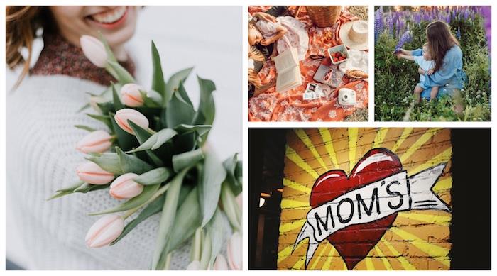 Kvinna med bukett blommor, mor och barnfält, picknick, original graffitifoto, lycklig mors dag, mors dagskort, collage för min mamma