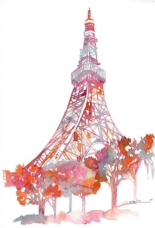 Tokyos röda torn, vacker akvarellstadsteckning, vacker original konstnärinspirerad landskapsteckning