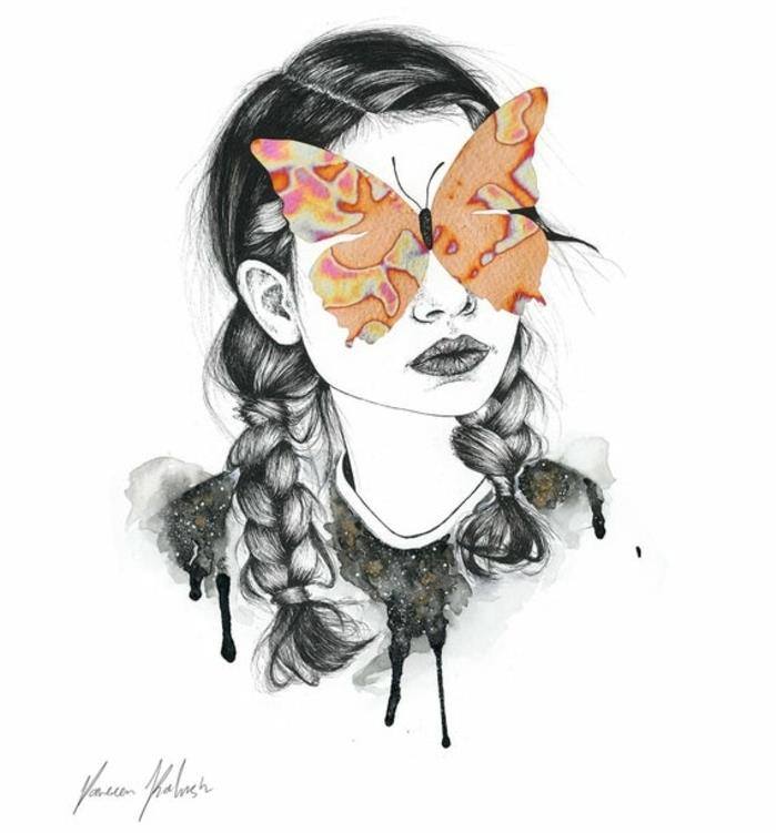 الفتاة ذات الضفائر والفراشة للعيون ترسم فراشة ، تظهر لأول مرة في الرسم تقلد صورة