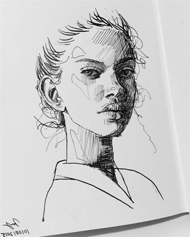 Svartvitt tjej ritning välritad ritning bra gjort bild av teckning kvinna svart penna på vitt papper ritning