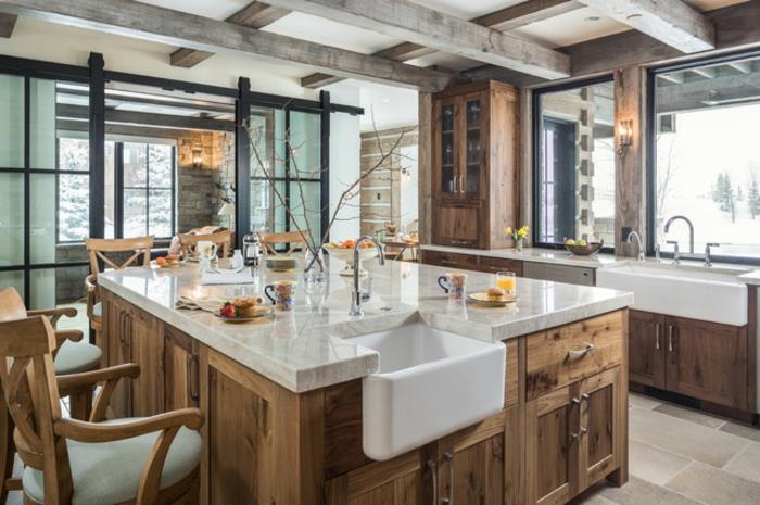 krásny vidiecky dom kuchyňa foto inšpirácia moderná rustikálna kuchyňa z mramoru a dreva