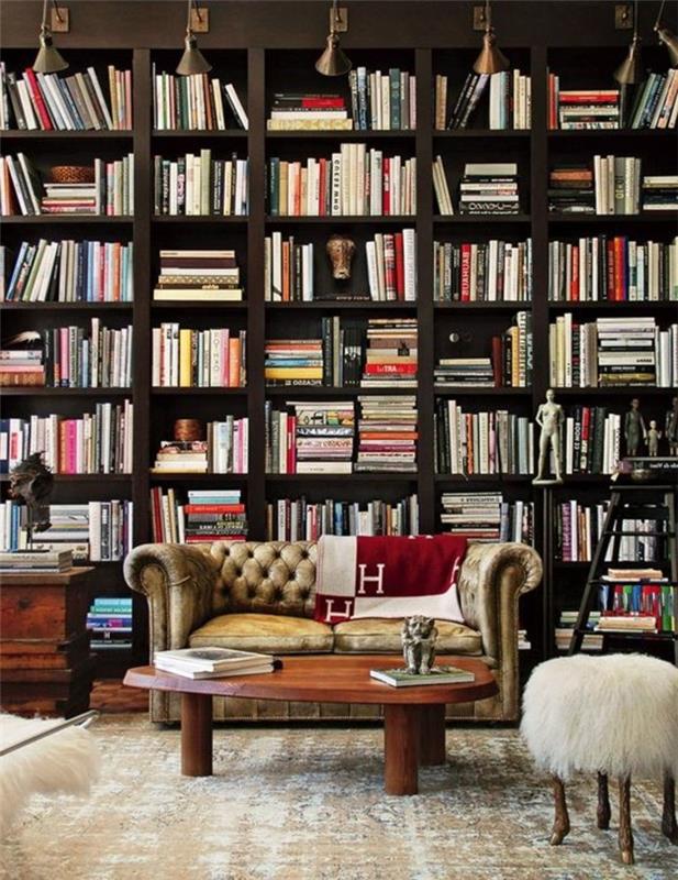 poličky na knihy-nábytok-priestranná-obývačka-taburet-malý-stôl-a-lavica