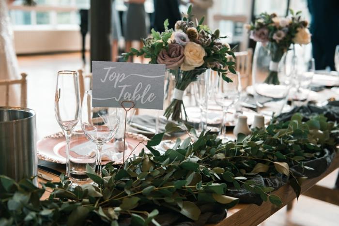 Vackra färger bröllop dekoration idéer, rustik chic bröllop bord dekorationer gröna blad väg