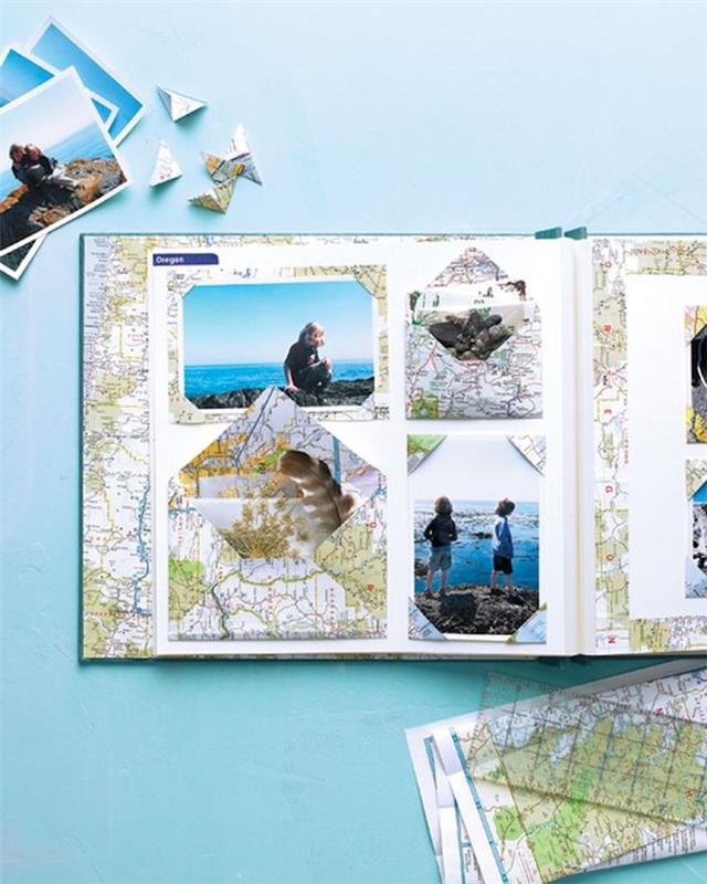 Tom sida med sommarlovsfoton, fotoram på en världskarta, hur man gör en resedagbok, scrapbooking fotoalbum