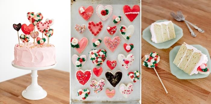 príklad, ako ozdobiť romantickú tortu na Valentína sušienkami v tvare srdca na tyčinkách