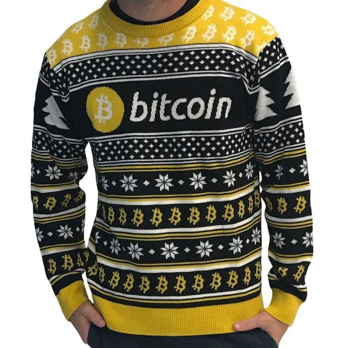 škaredý bitcoin sveter na gýčový vianočný outfit žltý a čierny muž