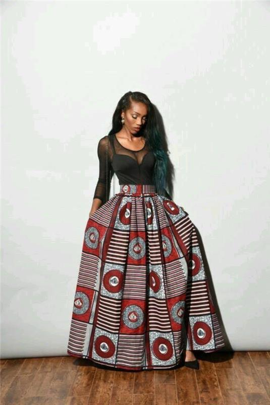 svart spetstopp, lång kjol, trägolv, afrikansk lock, vit bakgrund, långt svart hår