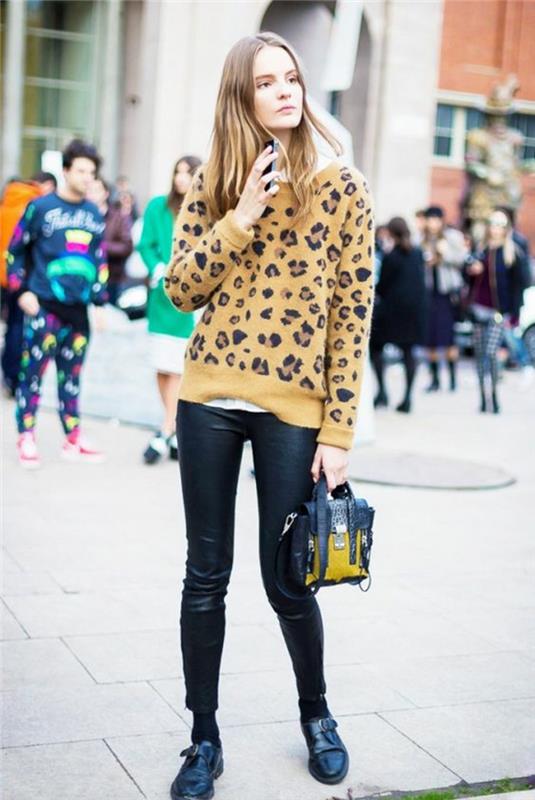 leopard-print-blus-läder-byxor-kvinna