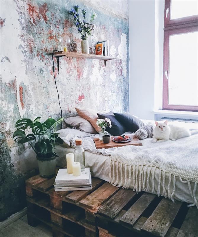 Farba na spanie Ideálna farba na spanie pre dospelých Spálňa v severskom štýle v štýle vintage industriálnej nástennej palety
