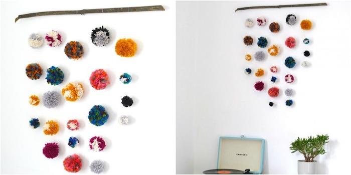 deco idé i drivved, färgglada pmpon faller hängande på en gren