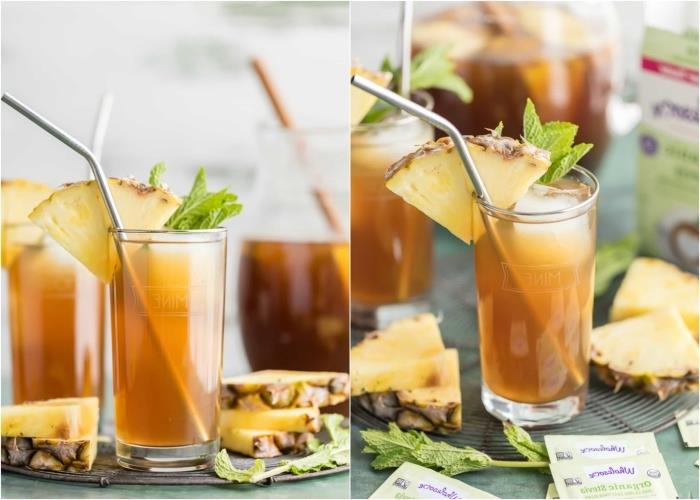 exotiska ananas iste recept, hur man gör myntete, grönt te uppfriskande drink idé