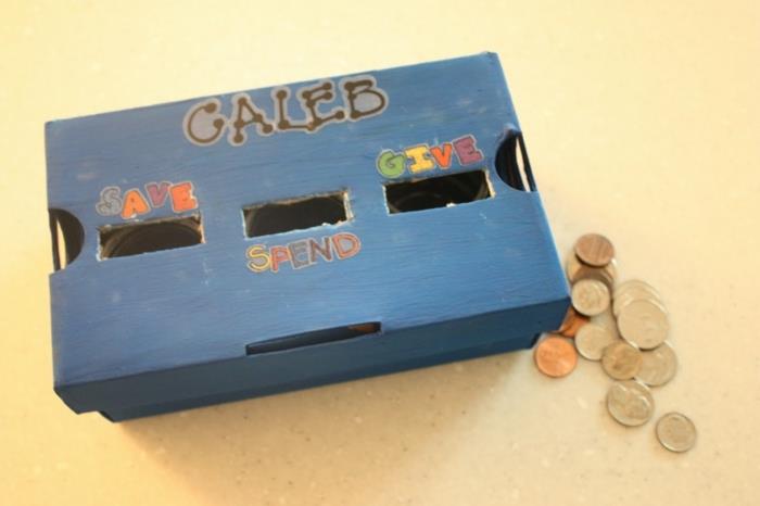 box na topánky prekreslený na modrú farbu a zdobený tromi oddeleniami, ako ušetriť peniaze, míňať a dávať, ako si vyrobiť prasiatko