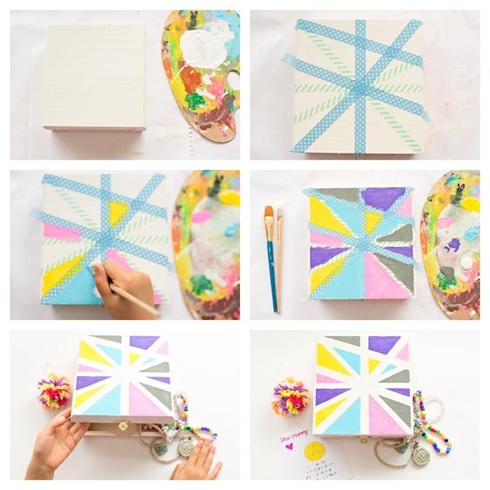 DIY šperkovnica zdobená farebnými geometrickými vzormi vyrobenými z washi pások, ručne vyrobený darček