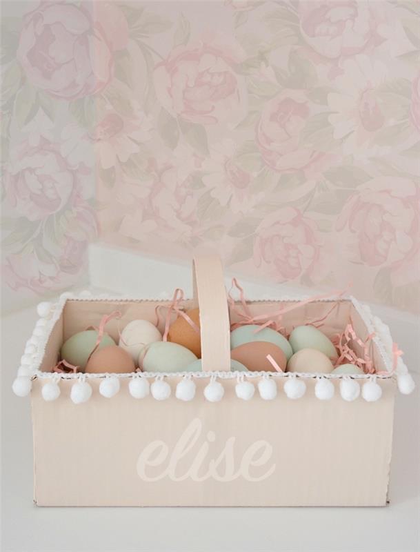 hur man återvinner en kartong, DIY äggkorg dekorerad med mini pom poms, enkel manuell aktivitet