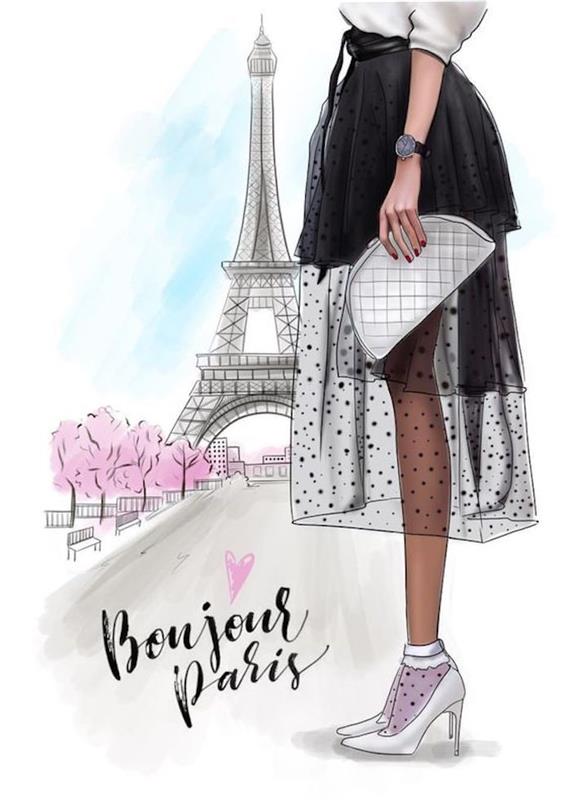kreslenie obrysov, dievča s čiernou tylovou sukňou, bielymi podpätkami, bonjour paris, eiffelova veža