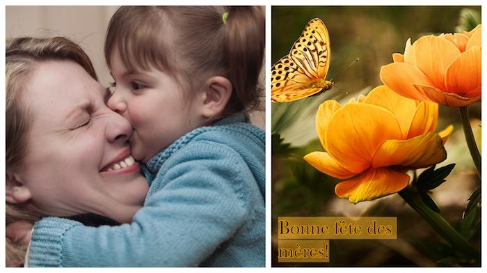 Bozk matky a dieťaťa, šťastný deň matiek, nápad ku dňu matiek, inšpirácia na večierok, oranžové kvety a motýľ