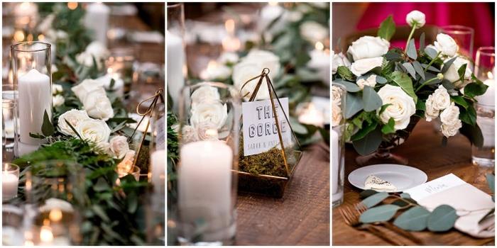 Gröna växter och vita rosor för rustik bordsinredning, rustika bröllopsdekoridéer