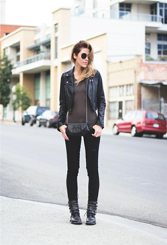 svart jeansoutfit, solglasögon, läderjacka, mörk blus, svart koppling
