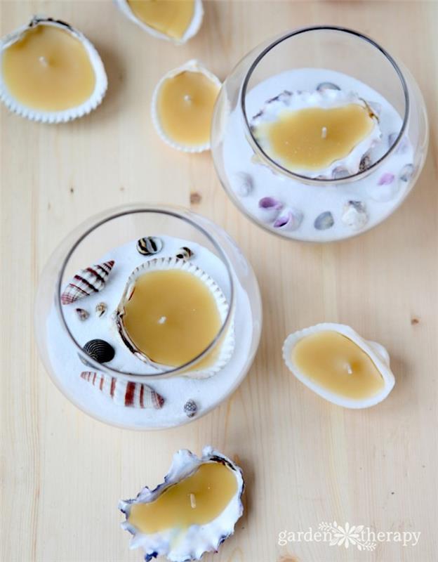 DIY sviečka v malej akváriovej guličke s mušľami a voskom, darček pre milenku, ktorú si vyrobíte sami