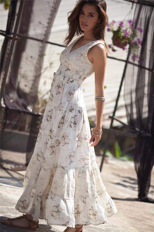 kovový remienok výstrih do V dlhé biele splývavé šaty kvetinové vzory boho chic šaty letné dámske oblečenie hnedé ploché sandále