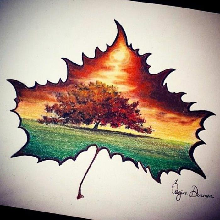 صورة ظلية أوراق الخريف وسقوط المناظر الطبيعية داخل صورة الرسم الملونة الرائعة بقلم الرصاص
